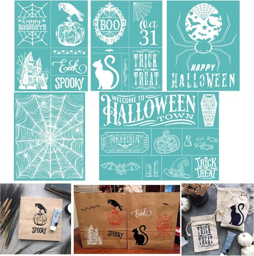 Vista 12 de Plantilla de serigrafía con patrones de sentimientos temáticos de Halloween, reutilizable, autoadhesiva, para decoración/impresión