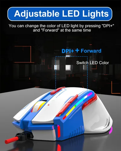 Vista 8 de Ratón para juegos con cable RGB, mouse de computadora programable de 9 teclas con 6 DPI ajustables hasta 6400, hueco de panal, luces LED coloridas