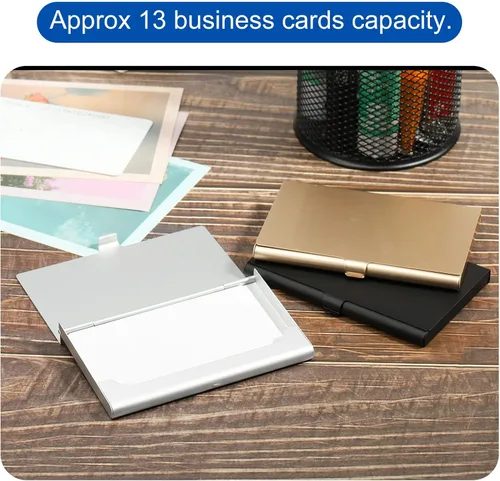 Vista 6 de PATIKIL Portatarjetas de visita, 3 piezas de aleación de aluminio, funda delgada para tarjetas de nombre para mujeres y hombres, dorado, plateado
