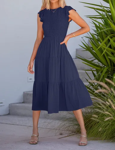Vista 8 de MEROKEETY - Vestido midi fruncido de manga corta para mujer, vestido de verano casual, acampanado, con cintura elástica y escalonado