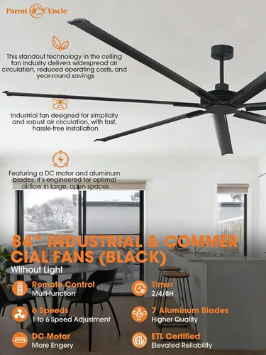 Vista 4 de Ventilador de techo grande de 84 pulgadas sin luz, ventilador de techo negro con certificación ETL