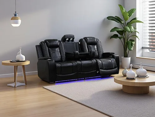 Vista 11 de Sofá reclinable de cuero transpirable con luz LED, sofá modular eléctrico con consola de almacenamiento, soporte para tazas para cine en casa, sala