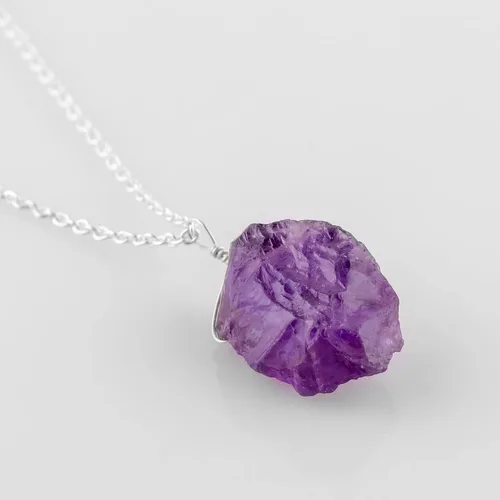 Vista 2 de Collar de amatista cruda, collar chapado en plata, cristal de piedras preciosas ásperas, piedra curativa, piedra natal de febrero, capas, novia