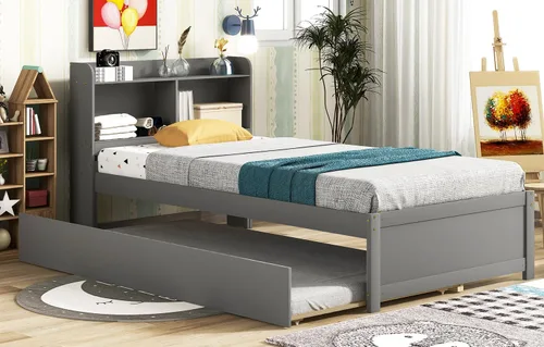 Vista 7 de Base de cama de tamaño individual con nido, cama de plataforma para dormitorio, marco de cama nido con cabecera de estantería para niños, niñas