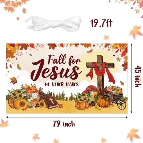 Vista 2 de WATINC Decoración de pancarta extragrande de otoño para Jesús, con texto en inglés "Fall for Jesus" ("Fall for Jesus", "El nunca deja"), fondo
