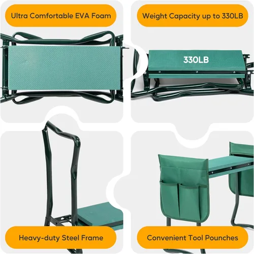 Vista 5 de Simple Deluxe Rodillero y asiento de jardín, taburete plegable con almohadilla de espuma EVA más gruesa, banco resistente, con bolsa