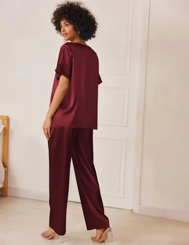 Vista 4 de Ekouaer Satin Pajama Set Womens Silk Short Sleeve V Neck Shirt with Long Pant Soft Pjs Set