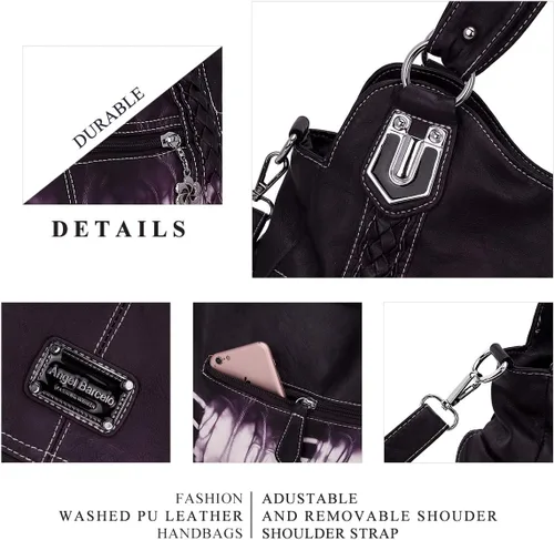 Vista 4 de Angel Barcelo - Bolsa de hombro amplia para mujer, diseño Hobo, cuero lavado