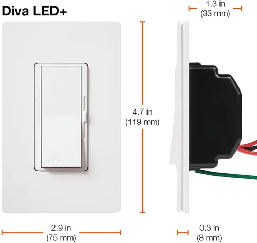 Vista 10 de Lutron Diva LED+ Interruptor Regulador de Luz para Bombillas LED Regulables, Halógenas e Incandescentes, 150 Vatios, Unipolar o 3 Vías, Almendra