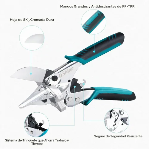 Vista 2 de O'Shine Tijeras de inglete de trinquete, reducción de fuerza del 80% para corte angular, moldeo de madera de PVC, herramienta de corte redondo de 45