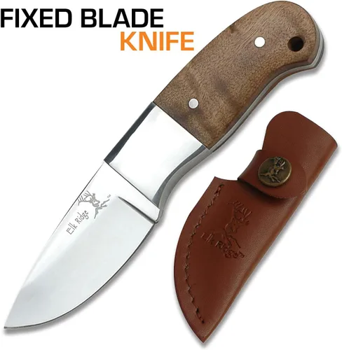 Vista 2 de Elk Ridge 111 Series Outdoors Fixed Blade Knife - 5-in Overall, 440 Stainless Steel Mirror Polished Blade, Burl Wood Handle, Leather Sheath