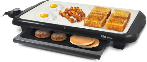 Vista 10 de Elite Gourmet Plancha eléctrica de 10 x 20 pulgadas, superficie antiadherente Ceralast™ de cerámica grande sin PFAS, asas de tacto frío, termostato