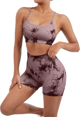 Vista 4 de SUUKSESS Conjuntos de Entrenamiento Sin Costuras para Mujer, Sujetador Deportivo con Tirantes, Shorts de Cintura Alta y con Realce de Glúteos