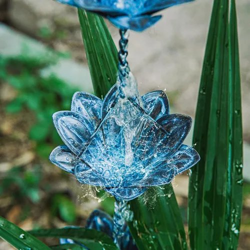Vista 7 de Topadorn Cadena de lluvia de flores, cadena de canalón de hierro desgastado azul de 7.85 pies con 12 tazas, desviador de agua ajustable