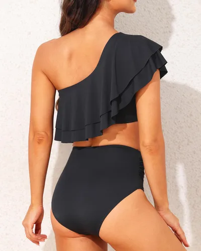 Vista 2 de Tempt Me Women Two Piece High Waisted Bikini Set Swimsuit One Shoulder Ruffle Bathing Suits Tummy Control Ruched Swimwear