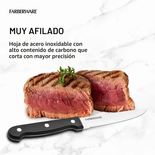 Vista 4 de Farberware Juego de cuchillos para carne de acero inoxidable con remaches de espiga completa, 4 piezas, color negro