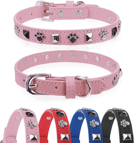 Vista 7 de Collar de cuero para perros pequeños, collar suave y ajustable con remaches de estrella y luna para perros machos y hembras, collares para cachorros