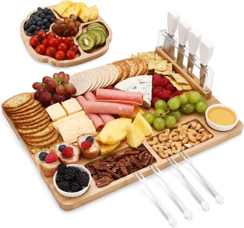 Vista 11 de hecef Juego grande de tabla de embutidos rosa con cuchillos de queso de acero inoxidable, juego de tabla de queso, bandeja de aperitivos de madera