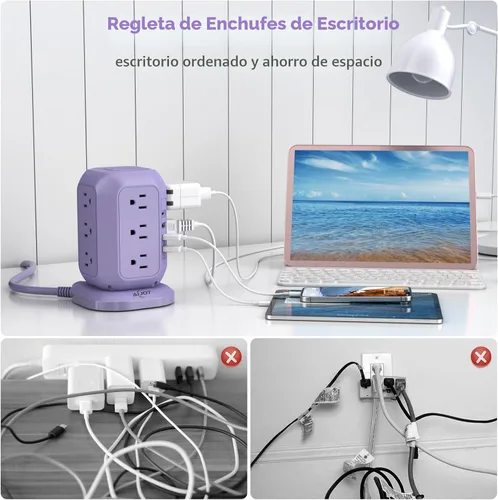 Vista 5 de Regleta de alimentación USB C en forma de torre, protector de sobretensiones con 12 tomas de CA y 4 puertos USB, AiJoy cable de extensión de 10