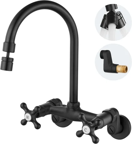 Vista 14 de Airuida Grifo de cocina de montaje en pared con rociador, grifo de fregadero de cocina montado en la pared, manijas dobles cruzadas, boquilla