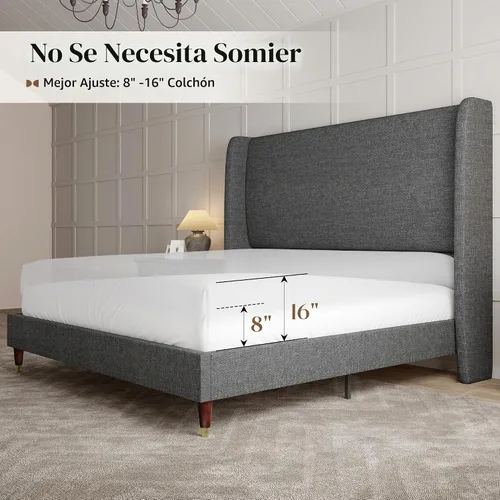 Vista 8 de PaPaJet Base de cama King tapizada de lino de 51.2 pulgadas de alto, color Gris oscuro