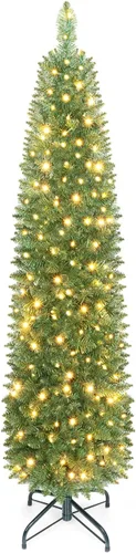 Vista 19 de GOFLAME - Árbol de Navidad artificial de 6 pies con luces LED blancas cálidas preiluminadas, árbol de Navidad con flecos de nieve, 435 puntas
