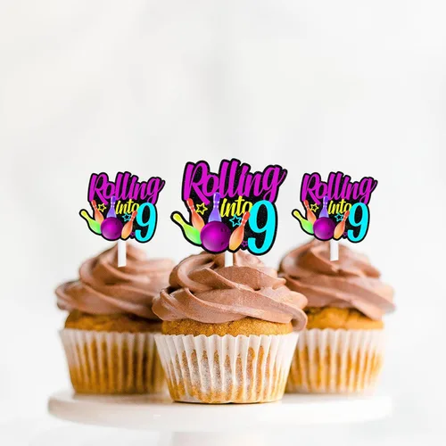 Vista 22 de 18 piezas de bola de boliche con purpurina, decoración de postre, magdalenas, boliches, 6 temas, suministros de decoración para niños y niñas