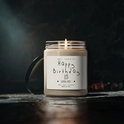 Vista 4 de NHI - Vela personalizada de feliz cumpleaños, vela con nombre personalizado, vela perfumada de cera de soja para el hogar, tarro transparente de 9