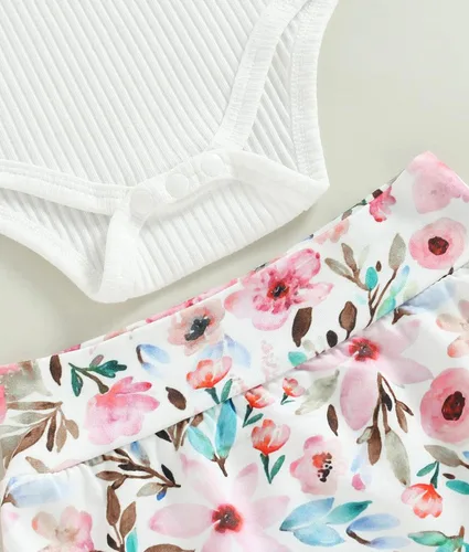 Vista 5 de Conjunto de ropa de verano para bebé recién nacida, conjunto de ropa de verano con estampado floral, mameluco con cordón y diadema corta