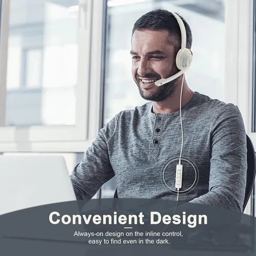 Vista 4 de NUBWO HW02 Auriculares USB para computadora con micrófono de chat transparente, auriculares ligeros con cable para equipos MS, Skype, seminarios