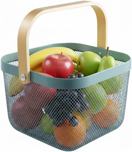 Vista 11 de Cesta organizadora de almacenamiento de malla de acero, cesta de frutas con mango de madera, ideal para cocina, baño, cestas de picnic, despensa