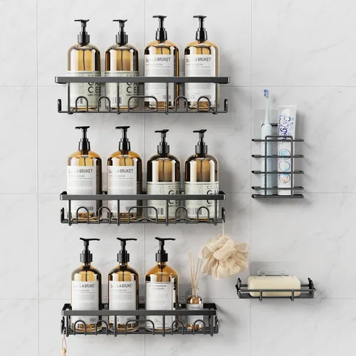Vista 18 de Organizador de ducha, paquete de 3 estantes de ducha para el interior del baño, organizador de baño adhesivo a prueba de óxido con soporte