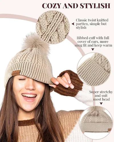 Vista 4 de Alepo Womens Winter Beanie Hat, Warm Fleece Lined Knitted Soft Ski Cuff Cap with Pom Pom