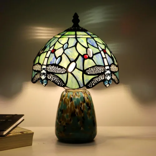 Vista 5 de Lámpara de mesa de hongo Tiffany estilo libélula lámpara de acento de vidrio teñido azul marino base de vidrio marrón azul 8X8X12 pulgadas