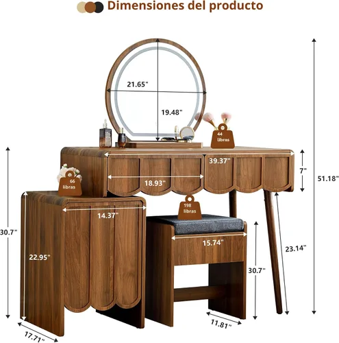 Vista 2 de ORRD Escritorio de tocador con espejo y luces, moderno panel de madera ondulada, juego de escritorio de maquillaje con cajones y gabinete, tocador