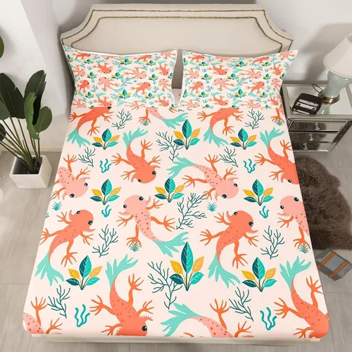 Vista 2 de Erosebridal Axolotl - Juego de ropa de cama tamaño individual, sábanas de ajolote de dibujos animados para mascotas, juego de sábanas