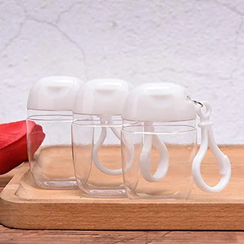 Vista 5 de 10 botellas vacías transparentes de 1 onza y 1.0 fl oz para desinfectante de manos, soporte de viaje, gancho para llavero, tapa abatible blanca