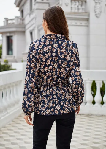 Vista 2 de GRACE KARIN Blusa de trabajo con cuello en V y manga larga tipo farol para mujer