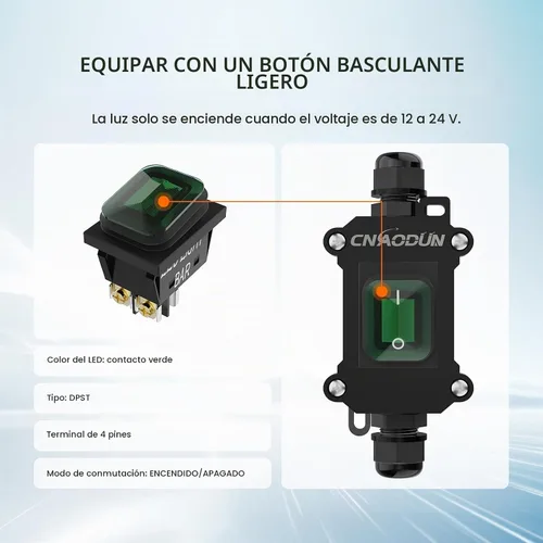 Vista 3 de Interruptor de línea impermeable, CNAODUN 12V DC 20A interruptor de palanca de encendido/apagado con botón basculante de luz verde DPST doble salida