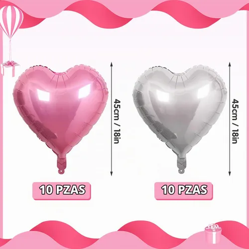 Vista 4 de 20 globos de corazón rosa y plateado de 18 pulgadas, globos de papel de aluminio de Mylar en forma de corazón, globos de aluminio metálico, globos