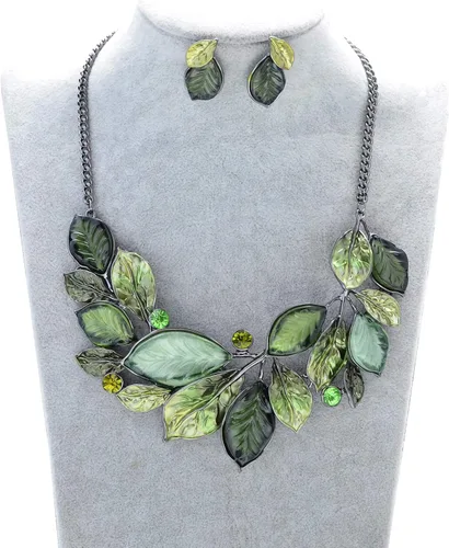 Vista 2 de Juego de joyas vintage con diseño floral de hoja, bohemio, collar y aretes, joyería de cristal a la moda