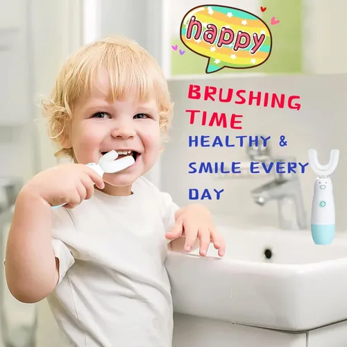 Vista 4 de Cepillo de dientes eléctrico en forma de U para niños Meqtpomy, cepillo de dientes para niños pequeños impermeable con batería, cepillos de dientes