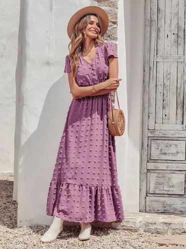 Vista 5 de PRETTYGARDEN - Vestido bohemio de manga corta con cuello en V y plumetí con volantes, vestido maxi fruncido de cóctel