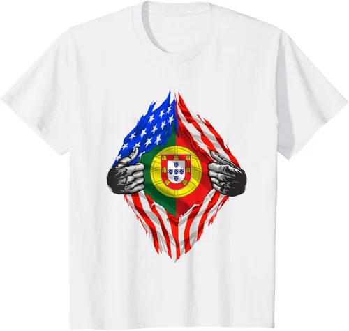 Vista 24 de Camiseta de bandera de Estados Unidos con diseño de raíces portuguesas, Negro, S