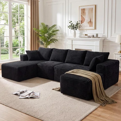 Vista 48 de Sofá modular en forma de L para sala de estar, sofá modular sin huesos con diván, sofá de pana con asiento profundo, no requiere montaje, negro