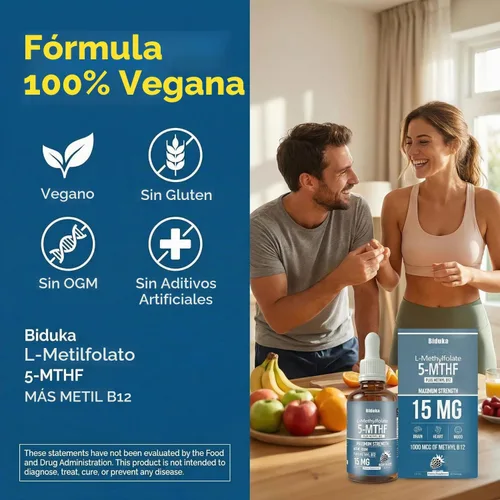 Vista 7 de L-metilfolato orgánico 15 mg + metil B12 1000mcg gotas líquidas, 60 porciones