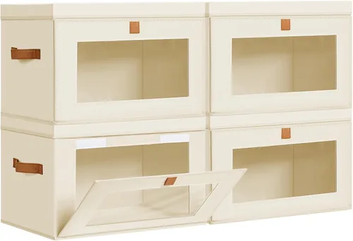 Vista 8 de DIMJ Contenedores de Almacenamiento con Tapas - Paquete de 4 Organizadores Grandes de Tela para Armario con Ventana y Asas, Cajas de Almacenamiento