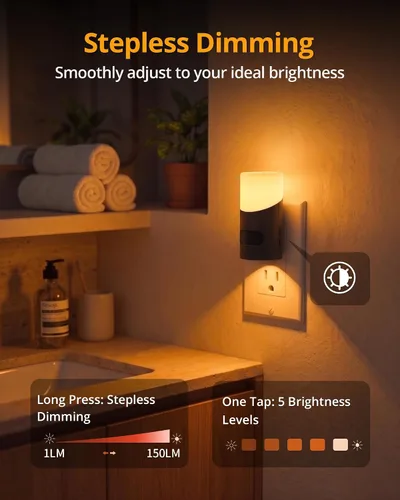 Vista 3 de LyrIDZ - Luz nocturna ámbar con sensor de movimiento, luz nocturna enchufable regulable de 1 a 150 lm para interior, para dormitorio, baño, pasillo