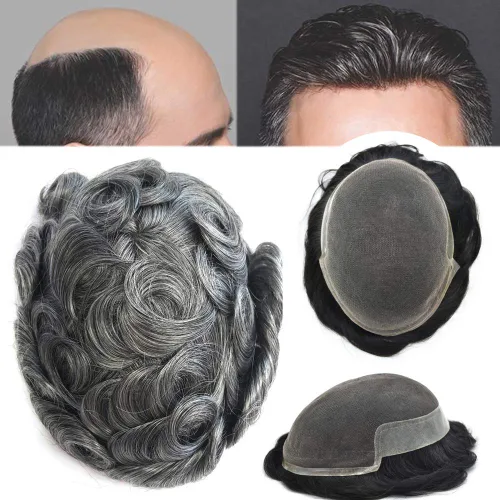 Vista 62 de Tupé de encaje suizo para hombres, piezas de cabello humano real, encaje frontal, sistema de reemplazo de cabello tipo tupé, nudo blanqueado, línea