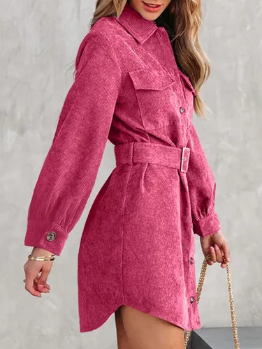 Vista 4 de Uusollecy Minivestido de pana para mujer, manga larga, con botones, camisa y cinturón